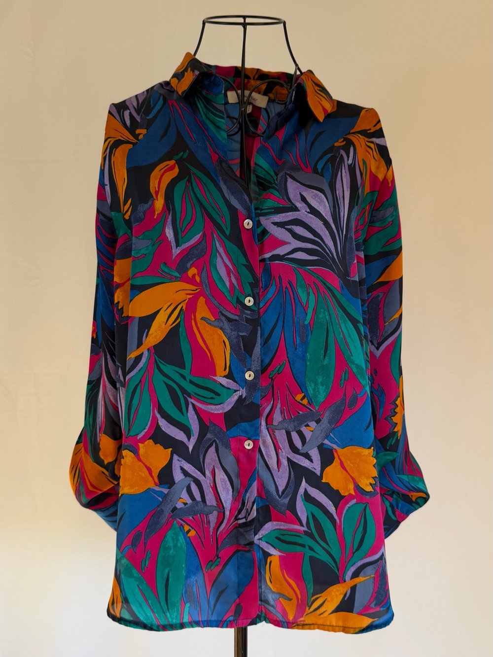 Tropical Floral Button-Down Shirt in Teal, Purple & Orange